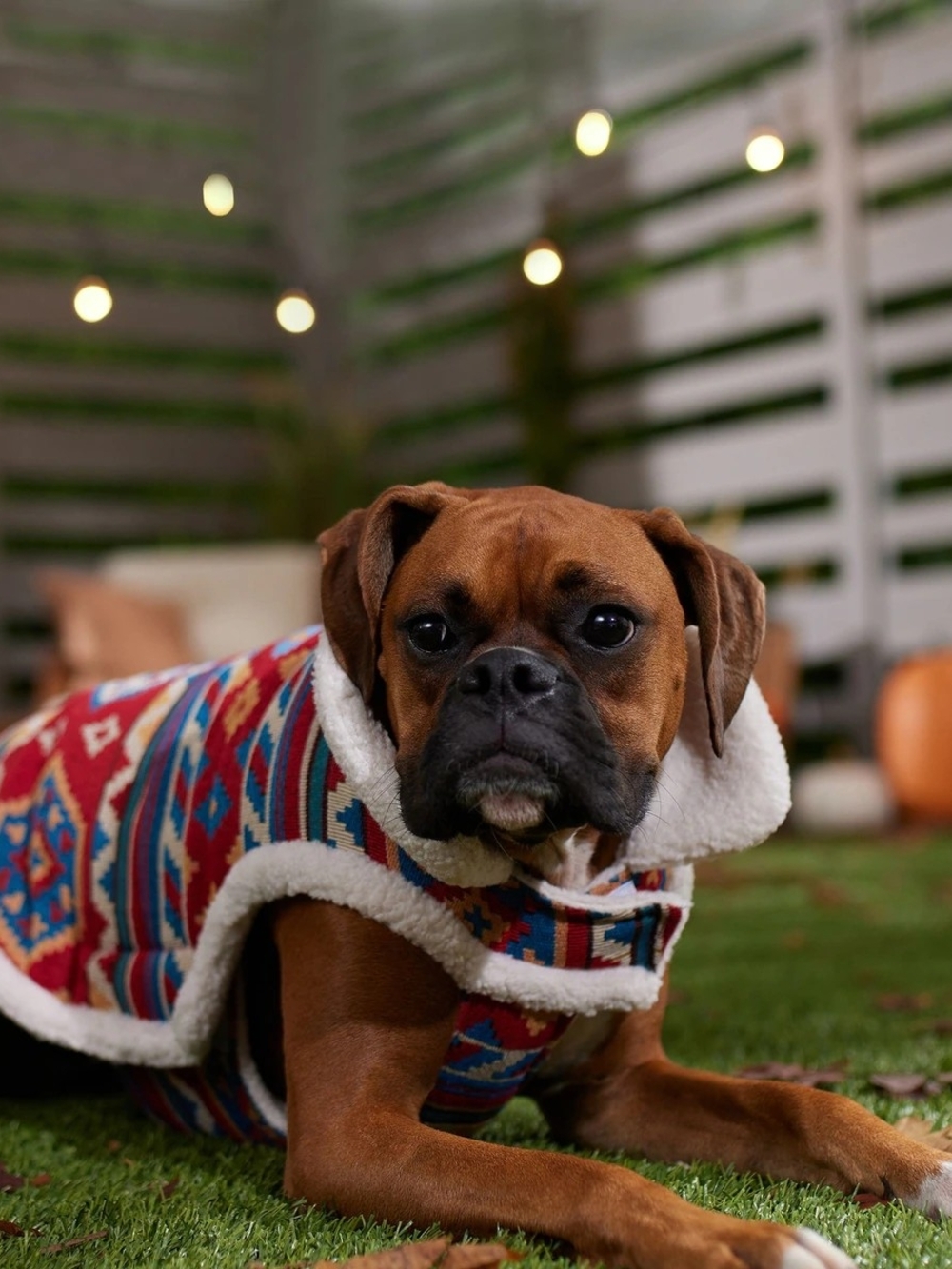 Red Patterned Dog Jacket with Faux Sherpa Collar‎